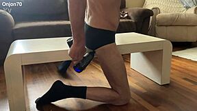 Skinny Bodybuilder Stretches on Desk in Underwear