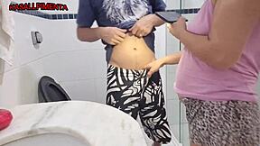 Latina Sucks Friend's Monster Cock in Bathroom, Cums Quick?