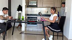 Cuckold gamer watches roommate fuck his girlfriend in kitchen