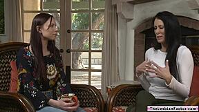 Brunette teen 18+ licks big tits lesbian faculty! 😍