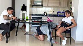 Cuckold gamer watches roommate fuck his girlfriend in kitchen