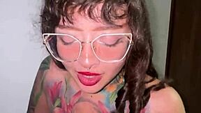 Girl with split tongue deepthroats and takes cum on face