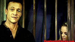 Petite slave tied up and fucked rough by big cock in dungeon.