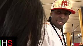 does the wonderful milf get fucked by the black guy in cowgirl position?