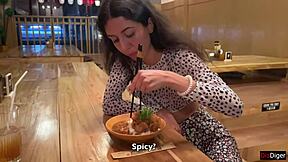 i cum on a girl's face in a public sushi bar and she eats rolls with cum on her face