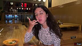 i cum on a girl's face in a public sushi bar and she eats rolls with cum on her face