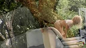 Kinky redhead and blonde friend endure intense outdoor gangbang with double penetration and facials.