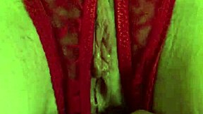 Shaved Pussy in Wet Red Thongs Masturbating