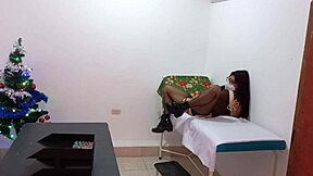 nurse dressed as business woman feels slutty and masturbates in doctor's office on christmas