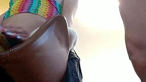 Skinny petite Candie Cross sucks dick backstage in fishnets.