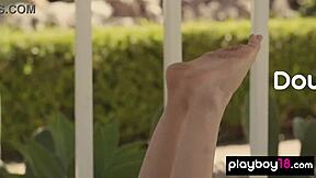 Skinny busty teen stripping naked at porch 😍