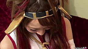 Petite Japanese cosplay girl tries first blowjob in uncensored JAV porn