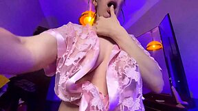 Hairypussyangel teases tits then masturbates in pink lacy lingerie