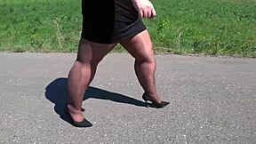 mature bbw in nylon pantyhose struts big booty on public road for foot fetish asmr
