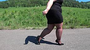 mature bbw in nylon pantyhose struts big booty on public road for foot fetish asmr