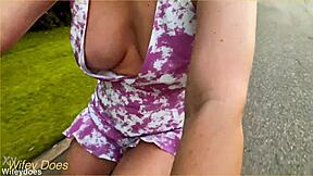 wife flashes her big tits in public cleavage dare!