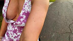 wife flashes her big tits in public cleavage dare!