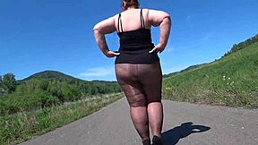 mature bbw in nylon pantyhose struts big booty on public road for foot fetish asmr