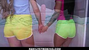 Cute teen stepdaughters stroke big cock stepdad after sex toy practice