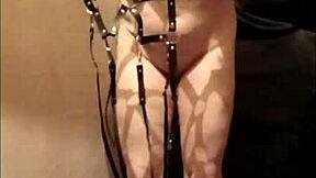 french housewife self-bonds in leather harness for outdoor exhibition