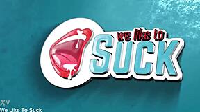 Teen in kitchen with glasses gets handjob, cum in mouth, facial, and cumshot splattered on glasses