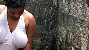 Dirty bitch gets anal fucked while doing laundry outside the compound.