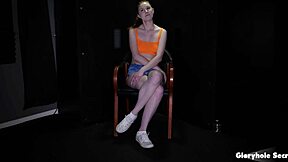 Gloryhole secrets features big tittied redhead in sucking demonstration