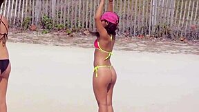 unbelievable young 18+ girl in micro bikini on beach with boyfriends relatives