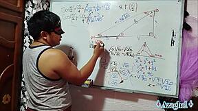 The nerdy asian student with brown eyes learns trigonometry in the bedroom with her teacher