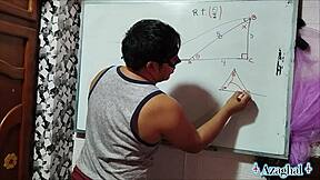 The nerdy asian student with brown eyes learns trigonometry in the bedroom with her teacher