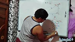 The nerdy asian student with brown eyes learns trigonometry in the bedroom with her teacher