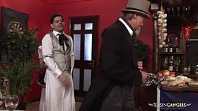 Blonde and Brunette Maids Share Cocks on Sofa with Moaning and Riding