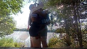 couple sneaking bent over sex on the lake shore with big cock teasing