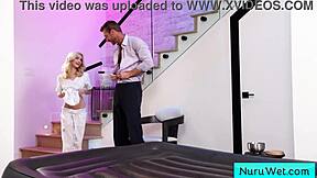 Busty blonde masseuse pourin nuru gel on naked body and rubbin on client