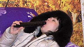 milf in a down coat in a hood with fur trim sucks a big dildo in different positions amateur fetish