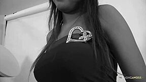 Asian slut sucks cock sideways, moaning as she makes him cum on her pussy.