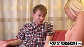 The big boobed babe couldn't resist her step-brother's fat cock, taking it deep