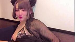 beautiful asian ladyboy in cat ear crossdressing masturbates while streaming cute anal assfucking