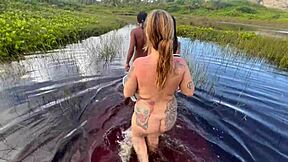 Skinny petite pornstar in blowbang, face fucking and blowjob, showing big clit and ass.