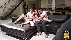 Amandine, the fat French brunette slut, enjoys a threesome with two cocks, her big tits and ass on display in European hardcore.