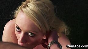 naughty hottie covered in jizz, eagerly swallowing every drop