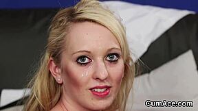 naughty hottie covered in jizz, eagerly swallowing every drop