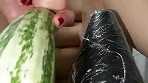 Slut prostitute stretches asshole with big thick zucchini for loose anal pleasure