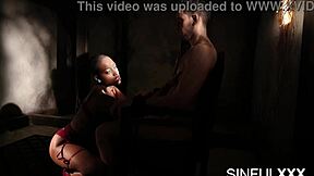 Pretty ebony neighbor bound in playful restraint session