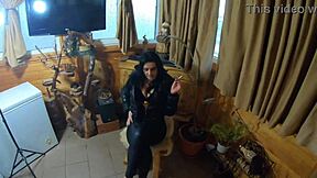 MilfyCalla shows cum on her black down jacket and leather leggings