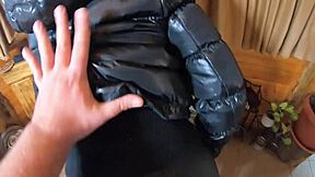 MilfyCalla shows cum on her black down jacket and leather leggings