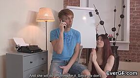 Indebted guy lets buddy fuck his lover for cash