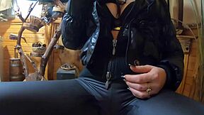 MilfyCalla shows cum on her black down jacket and leather leggings