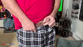 Solo masturbation session ending with cum in bedroom