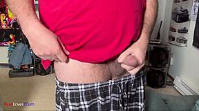 Solo masturbation session ending with cum in bedroom